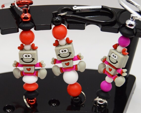 Cute Robot Keychain, soft, hart, love, science, pink, red, gray