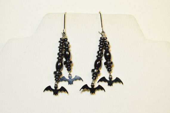 Hematite Beaded Earrings with Black Metal Bats, Cute, long, Halloween, Goth, Punk, Dangle