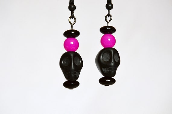 Black and Hot Pink Skull Earrings, Pink, Punk, Goth, Cyberpunk, Dangle