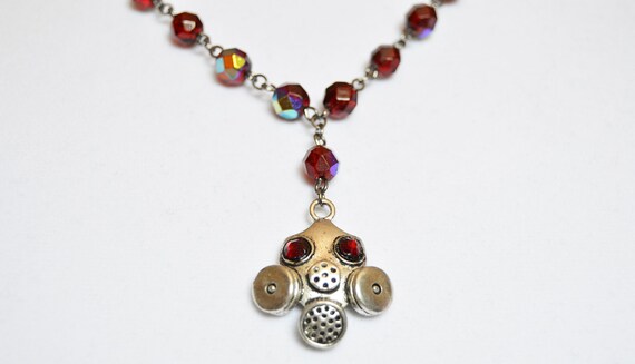 Gas mask necklace with red Swarovski crystals, Silver, Cyberpunk, Goth, Apocalyptic