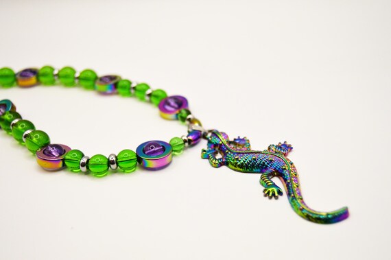 Electroplated Rainbow Lizard Necklace, bright, colorful, glass, green, large pendant