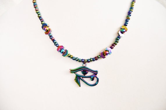 Eye of Horus electroplated necklace, Egyptian, Rainbow, Glass, Hematite, Stainless steel