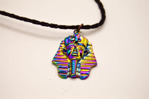 Electroplated King Tut on PU leather braided strap, Egypt, Rainbow, Black, Metal, Necklace, Jewelry