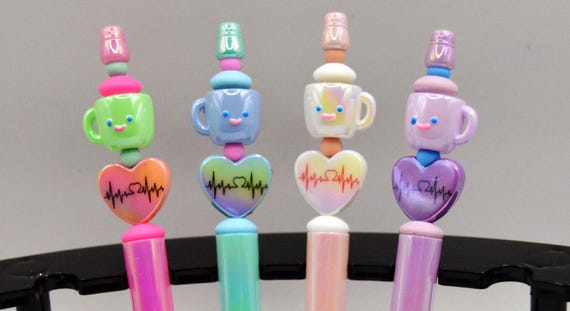 Pearlescent Coffee Cup Pen with Heart Bead - Coffee Lover Gift