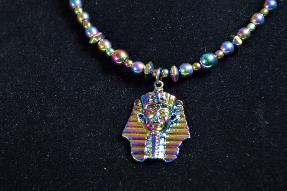 Beautiful king tut on electroplated beaded necklace, Egypt, King, Rainbow, Metal, Bling, Drip