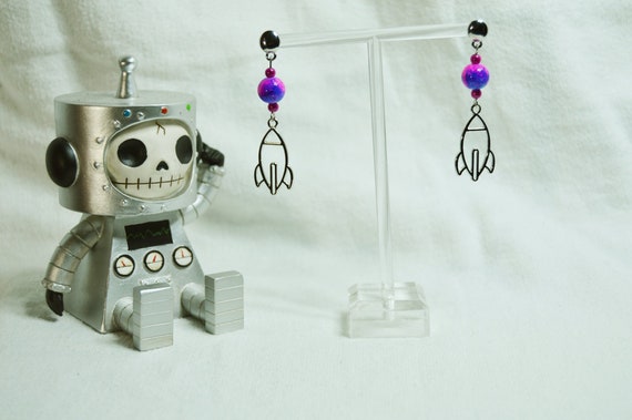 Silver silhouette rocket earrings,  Hot pink, Blue, Silver, Space, Colorful, Studs, Rocket ship