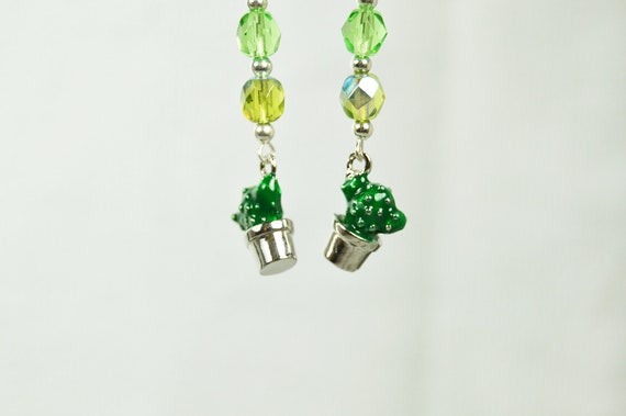 Cactus Earrings, Glass, Crystal, Green, Plant, Silver, Dangle, Desert