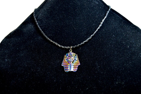 Electroplated King Tut on PU leather braided strap, Egypt, Rainbow, Black, Metal, Necklace, Jewelry