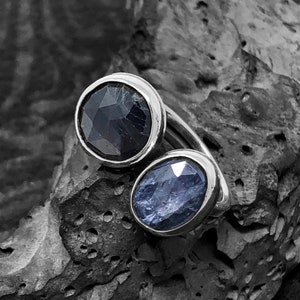 Double Sapphire and Tanzanite Ring-Handmade Artisan Sterling Silver Jewelry