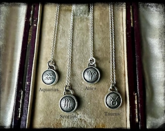 Zodiac Pendant-Sterling Silver-Horoscope Charm Necklace-Birthday