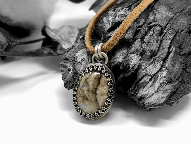 Fossilized Opal With Art Nouveau Rose Design Pendanthandmade Artisan
