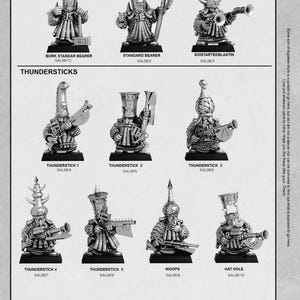 Puede incluir: Una hoja de producto con figuras en miniatura tituladas "Big Hat Thundersticks". Las figuras plateadas tienen sombreros grandes y armas. El texto incluye "Command Group" y "Thundersticks", con nombres como "Bork Standar Bearer" y "Hat Hole".