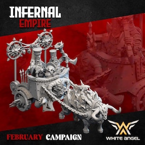Può includere: Miniatura grigia di un carro trainato da un toro, con due figure all'interno. Il carro ha ruote a punte e decorazioni a teschio. Il testo "INFERNAL EMPIRE" e "FEBRUARY CAMPAIGN" è visualizzato su sfondo rosso.