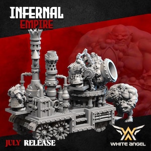 Könnte beinhalten: Graues Miniaturmodell einer Kriegsmaschine mit dem Text "Infernal Empire" und "July Release". Das Modell verfügt über eine Kanone, Figuren und eine Panzerbasis. Das White Angel-Logo befindet sich unten rechts.