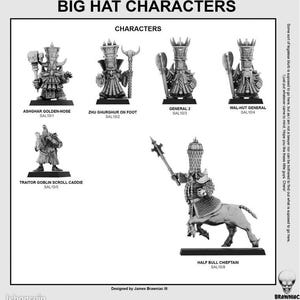 Puede incluir: Una colección de figuras en miniatura etiquetadas como "BIG HAT CHARACTERS". Las figuras incluyen un duende, un jefe montado en un toro y varias figuras con sombreros grandes y ornamentados. El texto incluye "BRAWNIAC MINIATURES".