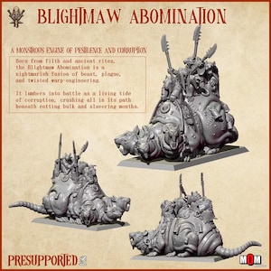 Op de afbeelding: Een grijze hars miniatuurset getiteld Blightmaw Abomination, met een groot, meerkoppig ratachtig wezen dat kleinere ratfiguren met hellebaarden draagt. De tekst luidt Blightmaw Abomination, A Monstrous Engine of Pestilence and Corruption.