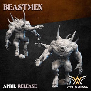Peut inclure: Une figurine miniature grise de bête avec plusieurs bras, des pointes acérées sur le dos et une bouche centrale sur la poitrine. Le texte BEASTMEN, APRIL RELEASE et WHITE ANGEL est visible sur le fond sombre de cette figurine de jeu.