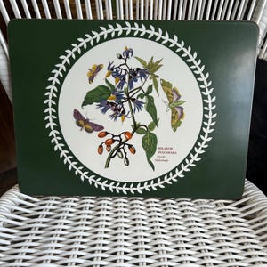 May include: A rectangular dark green placemat featuring a central white circular medallion with a botanical illustration of Solanum dulcamara, also known as Woody Nightshade, surrounded by three moths and a white leaf-patterned border.