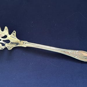 May include: A gold-toned metal pasta server featuring a wide, slotted head with a decorative cutout pattern and a long handle. The handle is detailed with an embossed shell motif at the end and intricate scrollwork along the shaft of the utensil.