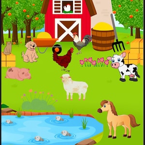 May include: A vibrant illustration depicting a farm with a red barn, windmill, and an array of farm animals such as a dog, cat, pig, cow, sheep, horse, and rooster. The image includes the text "COLORĂM ȘI ÎNVĂȚĂM" at the bottom.