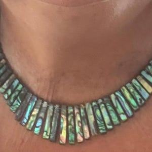 May include: A necklace featuring a series of rectangular abalone shell segments arranged in a curved row. The shell pieces display iridescent shades of green, blue, and purple, connected by dark, rounded beads that form the rest of the necklace chain.