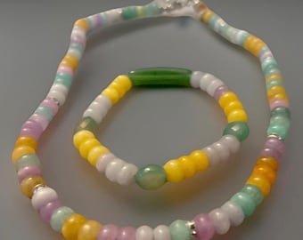 Anthropologie Inspired Muliti Colored Pastel/Rainbow Stone Necklace & Bacelet Set  w/Crystal Accents