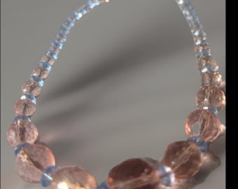 Vintage Faceted Crystal Beaded Necklace, Light Pink & Blue