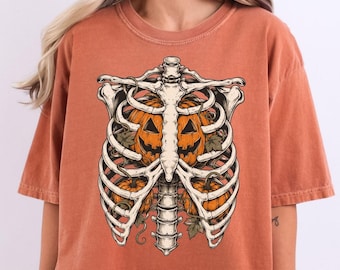Skeleton Pumpkin Rib Cage Comfort Colors Shirt, Vintage Halloween Graphic Tee, Spooky Season Shirt, Gothic Fall Gift