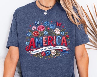 250 Years of Freedom Floral T-Shirt, America 250 Independence Day Flower Shirt, Fourth of July Wildflower Tee, Unisex Patriotic Crew Shirt