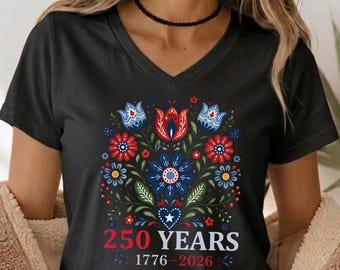 USA Est 1776 Floral V-Neck Shirt, Patriotic Red White Blue Cotton Tee, 250 Years of Floral Freedom Tee, Fourth of July Wildflower T Shirt