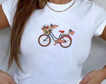 Vintage Americana Bicycle Baby Tee USA Patriotic 4th of July T-Shirt Nostalgic Hometown Parade Red White Blue Shirt