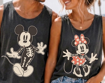 Comfort Colors Skeleton Mickey Minnie Halloween Tank Top, Trick Or Treat Disney Halloween Couple Shirt, Spooky Disney Halloween Tee Shirts