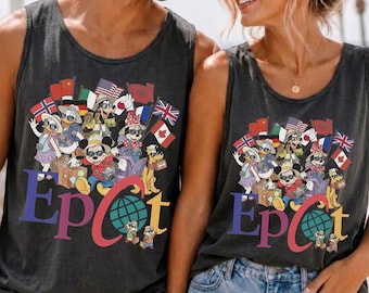 Comfort Colors® EPCOT Tank Top Shirt, Disney EPCOT World Tour, Mickey Flags of Nations Vintage 90s Style WDW Unisex Tee, Family Trip Shirt