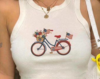 Vintage Americana Bicycle Racer Tank Top USA Patriotic 4th of July Baby Tee T-Shirt Nostalgic Hometown Parade Red White Blue Shirt