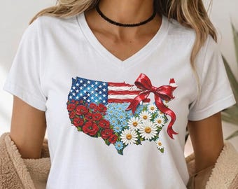 USA Est 1776 America Floral V-Neck Shirt – Patriotic Independence Day 250th Anniversary T Shirt - Vintage 4 of July V-Neck Tee