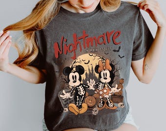 Vintage Mickey & Minnie Skeleton Nightmare On Main Street Comfort Colors Boxy Tee Shirt, Disney Trip Mickey Skeleton Halloween 2026 Boxy Tee