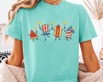Comfort Colors Patriotic Doodle Boxy Tee, Cute Fourth of July Boxy Tee, Watermelon Hotdog Firework Shirt, Retro 4th Shirt,Summer 250th Shirt