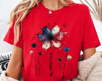 USA 250th Anniversary Floral Shirt, 1776–2026 Patriotic Wildflower T-Shirt, America 250 Years Freedom, 4th of July Tee, Women Boho Tee Shirt