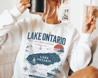Vintage Lake Ontario Sweatshirt, Great Lakes Crewneck, Canada Ontario Map Sweater, Retro Lake Life Vacation Gift