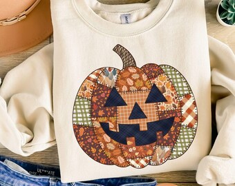 Retro Patchwork Halloween Pumpkin Sweatshirt, Halloween Pumpkin Shirt, Spooky Season Sweater, Halloween Cute Women Outfit, Halloween Gift