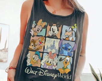 Retro Cartoon Characters Comfort Colors Tank Top, Vintage Mickey & Friends Vacation Shirt, Retro Walt Disney World Theme Park Style Tank Top