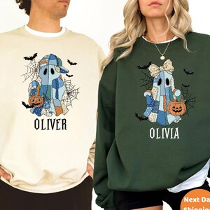Custom Halloween Patchwork Ghost Matching Sweatshirt, Halloween Ghost Girl & Boy Shirt, Preppy Halloween Ghost Matching Couple Sweatshirt
