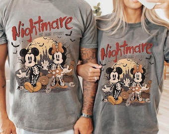 Vintage Mickey & Minnie Skeleton Nightmare On Main Street Comfort Colors Shirts, Disney Trip Halloween 2026 Shirts, Mickey Skeleton Shirts