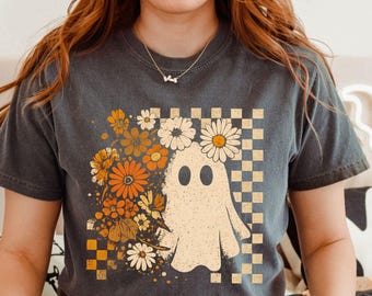 Comfort Colors® Checkered Ghost Shirt, Halloween Floral Ghost Shirt, Cute Fall Shirt, Cottagecore Ghost Tee, Checkered Ghost Sweatshirt