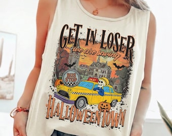 Get In Loser Halloween Town Tank Top, Retro Skeleton Taxi Halloween Shirt, Vintage 90s Style Graphic Tank Top