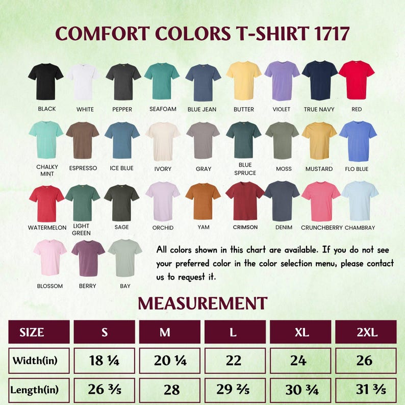 Pu&ograve; includere: Un grafico che mostra magliette Comfort Colors in vari colori, tra cui nero, bianco e rosso. Il grafico include anche una guida alle misure con taglie dalla S alla 2XL, con larghezze da 46.36 cm a 66.04 cm.