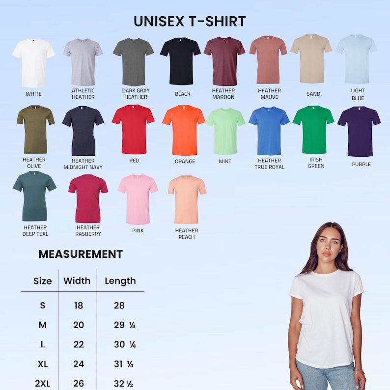 Op de afbeelding: Een verscheidenheid aan unisex t-shirts in verschillende kleuren, waaronder wit, zwart, rood en blauw. De afbeelding toont een maattabel met afmetingen in centimeters. Een vrouw met een wit t-shirt staat rechts.