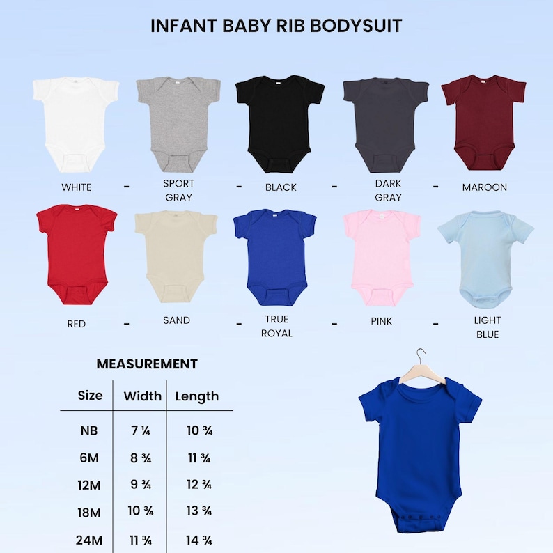 Op de afbeelding: Baby rib bodysuits in diverse kleuren: wit, sportgrijs, zwart, donkergrijs, bordeauxrood, rood, zand, koningsblauw, roze en lichtblauw. Maten NB tot 24M, breedtes van 18.4 cm tot 28.6 cm en lengtes van 26.4 cm tot 35.6 cm.