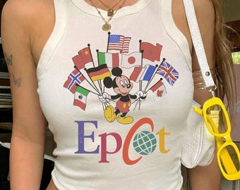 Disney Epcot Racer Tank Top, Vintage 90s Style Mickey Flags of Nations Tee, Disney World Tour Shirt, Disneyland Vacation 2026 Tank Top