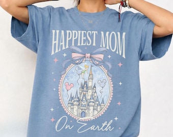 Retro gelukkigste moeder op aarde comfortkleuren shirt, Disney Castle-T-shirt, T-shirt Coquette Bow Mom, Moederdagcadeau voor moeder